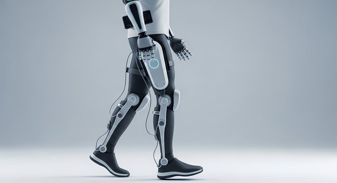 Futuristic robotic exoskeleton assists human leg movement for enhanced mobility and rehabilitation