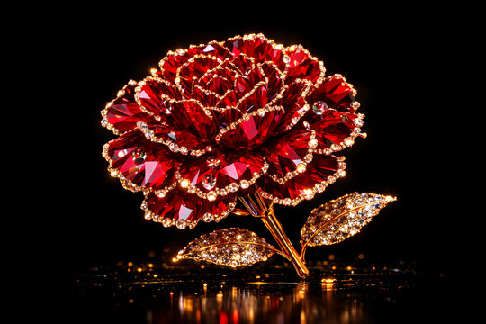 Exquisite Red Ruby Rose with Golden Edges and Sparkling Diamonds on a Dark Reflective Background