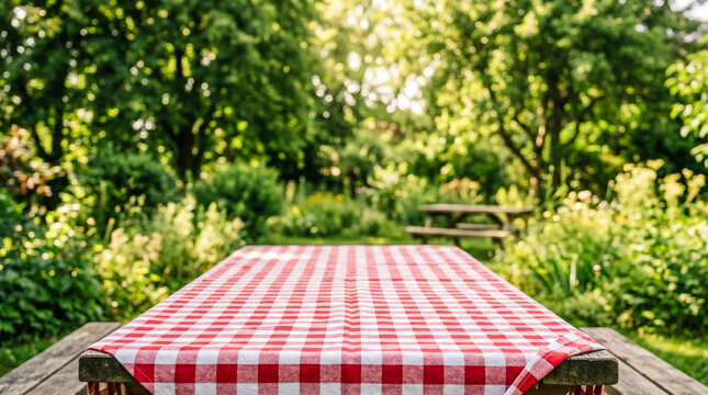 A rustic wooden picnic table covered with a red and white checkered tablecloth stands invitingly in a sunlit garden.