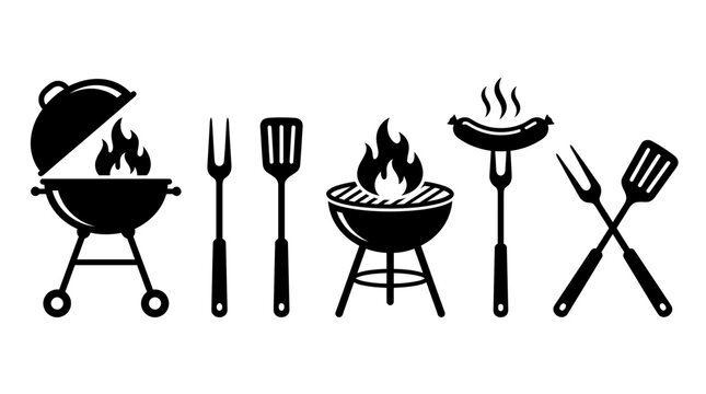 BBQ grill icon set. Barbecue, bar-b-q, spatula, grill fork, picnic, fire - stock vector.