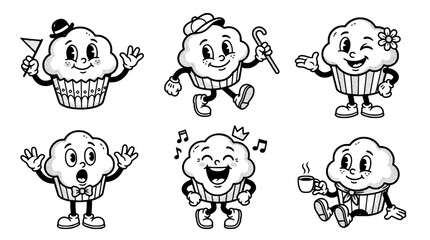 Fototapeta premium This collection showcases cheerful cupcake characters with fun personalities, ideal for children's products and designs that evoke joy and celebration in a delightful, whimsical style.