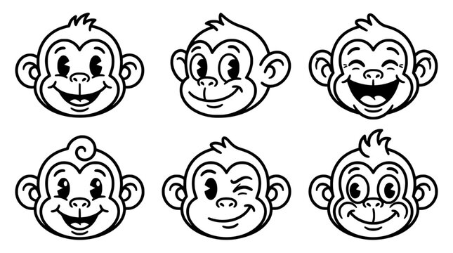 An adorable collection of cartoon monkey faces showcasing various cheerful expressions and emotions, ideal for children's products and educational materials aimed at engaging young minds.