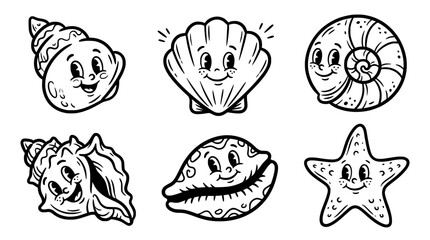 Fototapeta premium This delightful image features a collection of cute shells and a starfish, all with smiling faces, conveying a joyful oceanic theme perfect for children's artwork and stories.