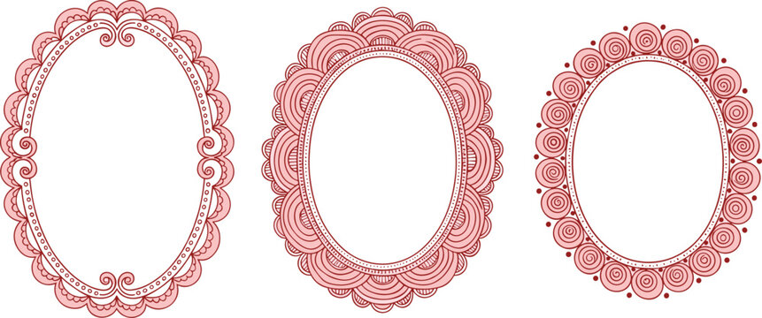 Intricate Oval Decorative Frame Set with Circular, Scalloped, and Floral Patterns for Elegant Invitations and Wedding Graphics