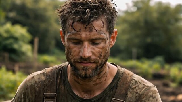 Portrait of a handsome young farmer covered in mud and sweat, looking tired but resolute after a hard day of physical labor in the agricultural field, with a determined expression