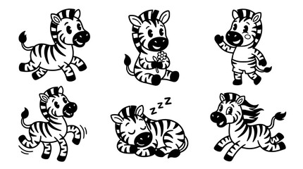 Obraz premium This delightful set of cartoon zebras showcases different activities and expressions, emphasizing playful and friendly elements in a charming black and white illustration style.