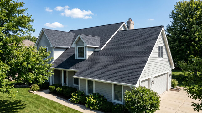 A newly installed dark grey asphalt shingle roof on a modern suburban house with lush green landscaping.
