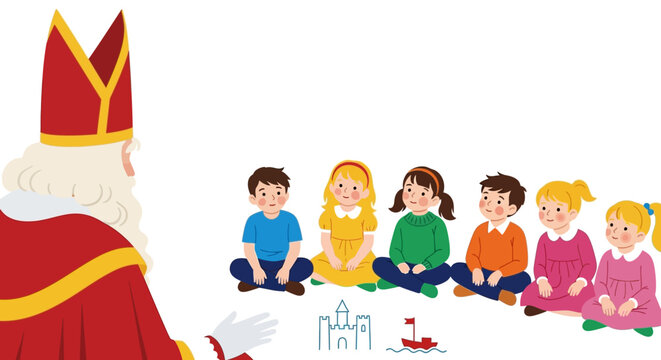 Saint Nicholas and Children Sitting in Front of White Background