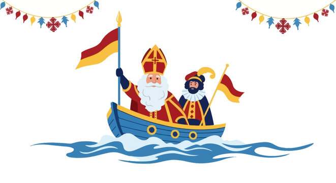 Saint Nicholas and Piet arrive by boat with flags and bunting