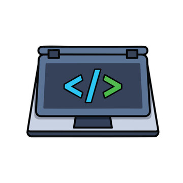 Cartoon style illustration of a laptop computer with coding symbols on the screen.