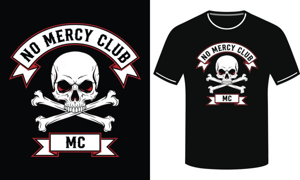 No Mercy Club Skull and Crossbones T-Shirt Design, Biker Gang MC Emblem with Red Eyes and Banner