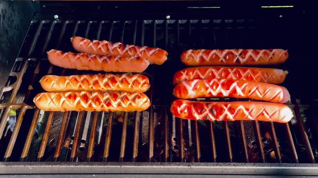 Grilling Delicious Hot Dogs on a Barbecue: Perfectly Cooked and Charred Meat Treats