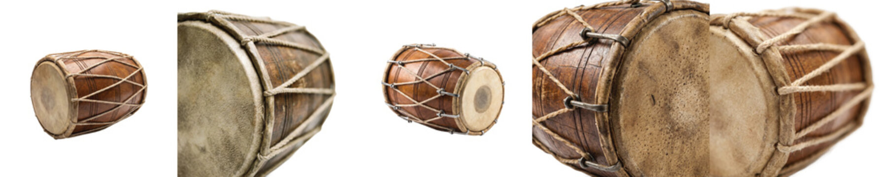 Traditional Indian dholak drum, ethnic wooden percussion instrument, handmade folk music dhol with leather skin and rope tuning isolated on Transparent Background