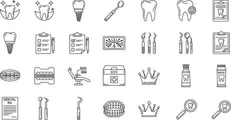 Fototapeta premium Set of Dental and Oral Care Icons for Medical, Treatment, and Hygiene Designs – Tooth, Implant, Tools, and More