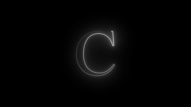 Neon glowing C capital latter text icon animation on black background. White color text icon.