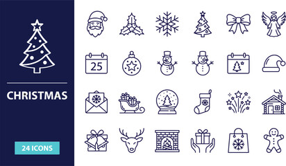 Naklejka premium Christmas line icon set. Editable Stroke. Xmas, gift, santa, christmas tree, snowflake, angel, santa nat - stock vector.