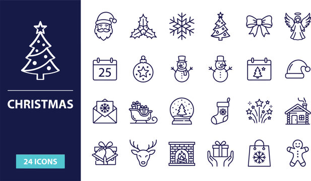 Christmas line icon set. Editable Stroke. Xmas, gift, santa, christmas tree, snowflake, angel, santa nat - stock vector file.