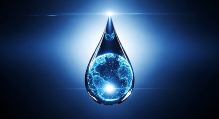 Fototapeta premium Digital earth globe inside a water drop on a dark blue background
