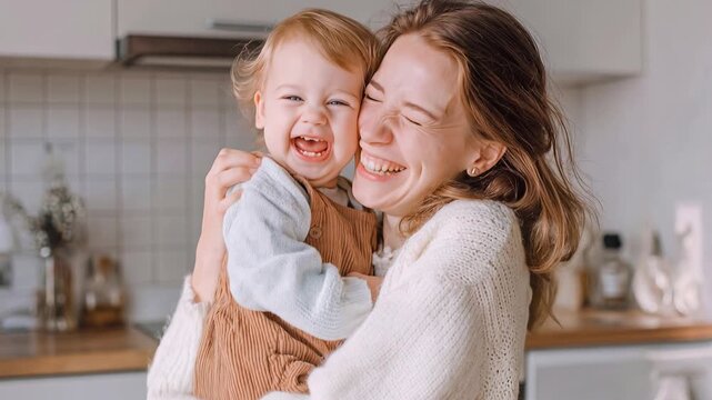 Joyful mother and baby embracing and laughing together in a bright kitchen setting. A heartwarming scene captures a mother and her young child sharing a moment of pure delight