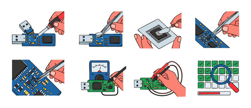 Electronics Repair and Circuit Assembly Icon Set for Hardware Engineering, Soldering, Component Testing, Microchip Troubleshooting, PCB Maintenance, Schematic Analysis, and Technical Manufacturing Pro