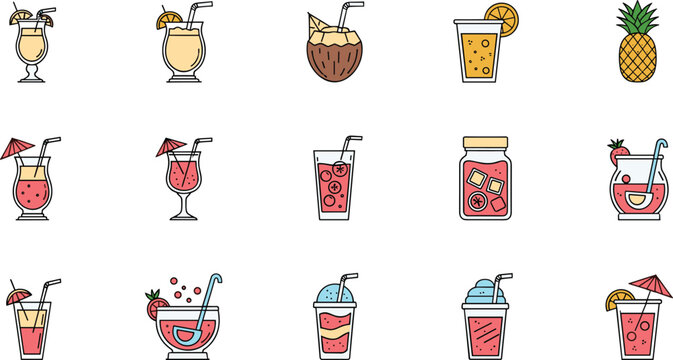 Set of Tropical Drink Icons Featuring Cocktails, Fruit Juices, Mocktails, and Refreshing Beverages