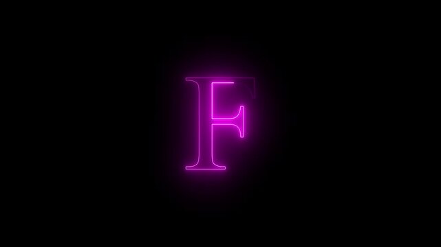 Neon glowing F capital latter text icon animation on black background. Violet color text icon. 