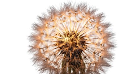 Obraz premium Close up of an abstract glowing dandelion seed head or fiber optic sphere isolated on white, nature and light concept.