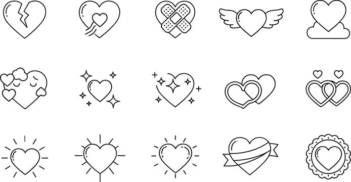 Set of Various Heart Icons in Black and White, Including Broken Hearts, Healing, and Love Symbols
