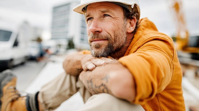 A thoughtful construction worker in a hard hat takes a moment to pause and reflect amidst an active building site, showcasing dedication and hard work in a challenging environment.