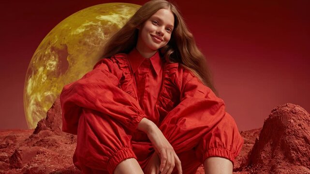 Young woman in red jumpsuit on Mars with a large planet in the background. A stylish young woman poses in a vibrant red outfit amidst a rocky, red-hued landscape