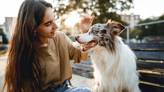 Young woman petting her happy dog on a park bench during golden hour. A young woman shares a tender moment with her fluffy dog, petting its head