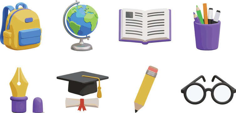 Set of Educational Icons Featuring Backpack, Globe, Book, Graduation Cap, and School Supplies &ndash; Vector Illustrations