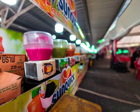 malaysia, Bangi - January 17, 2023 Sunquick colourful drinks at MATHAF, a halal food festival