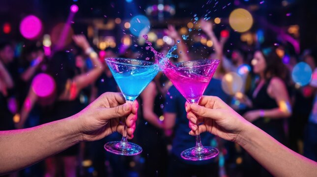 Vibrant martini glasses clinking in a nightclub setting with neon lights and motion blur, capturing the energy of nightlife and celebration.