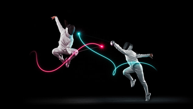 Fencing duel with glowing neon lines on dark minimal background. Concept of visualizing energy flow in motion, modern sport aesthetics and dynamic interaction between competitors.