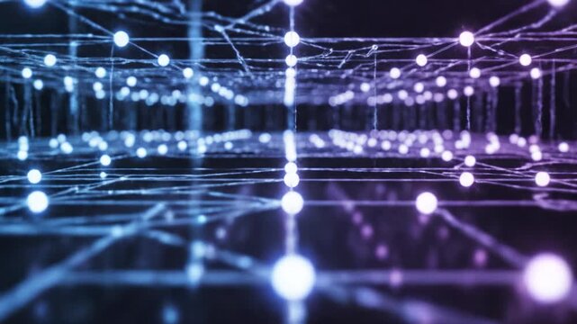 Glowing light dots and bulb connected by thin lines form futuristic 3D grid structure with digital network connection, blue and purple hues creating complex technology atmosphere