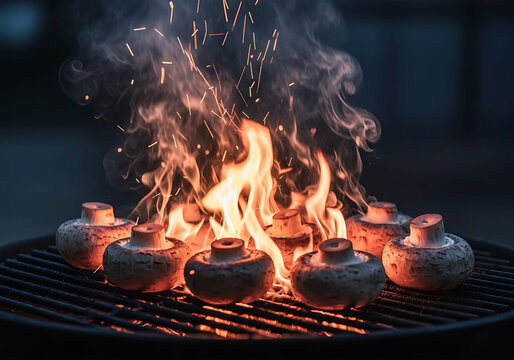 White button mushrooms grilling on a barbecue with intense flames and sparks, creating a warm, inviting atmosphere for outdoor cooking and delicious, smoky flavors in the evening light.