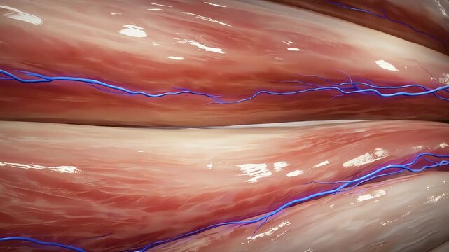 Muscle fibers macro view, detailed organic texture,
subtle electric signals flowing through fibers, contraction and release motion
