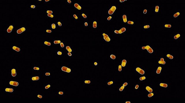 Realistic 3D **Yellow Gold Vitamin Capsule** Supplement Falling **Overlay** Alpha Channel Loop 4K