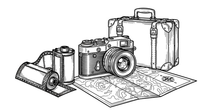 Camera with lens and film laid on travel map close up.