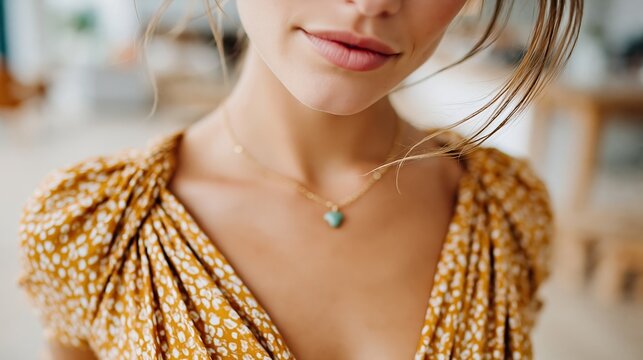 The image captures a woman&rsquo;s upper body adorned with a beautiful charm necklace, highlighting her style and the intricate details of the jewelry in a polished, warm setting.