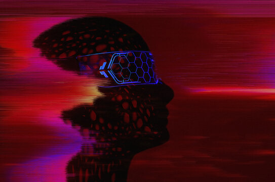 Surreal humanoid head with glowing VR visor in digital cyberspace