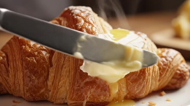 Butter melting on flaky croissant with knife spreading creamy butter on golden pastry, warm breakfast treat showcasing rich flavor and close up of soft buttery layers steaming