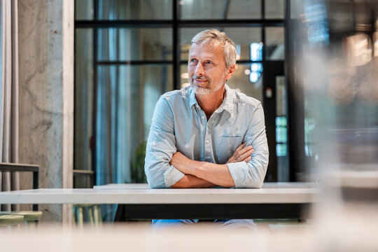 Portrait of a satisfied businessman at modern office looking away