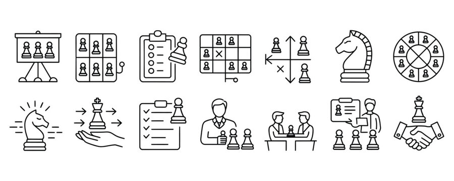 Collection of business strategy icons with chess pieces and planning tools for corporate success