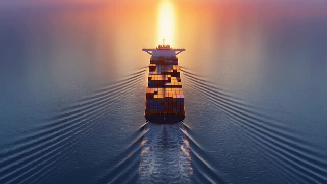 Container ship sailing at sunset, symbolizing global trade and maritime logistics. The vessel represents the backbone of international commerce