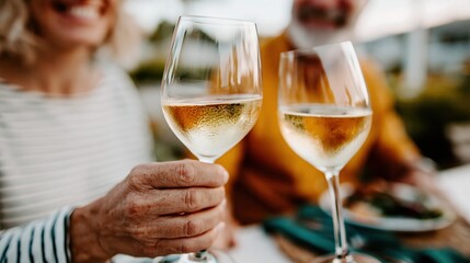 Obraz premium Two friends clinking wine glasses together in a lively outdoor setting, exemplifying joy, connection, and the celebration of life’s simple moments over shared meals.