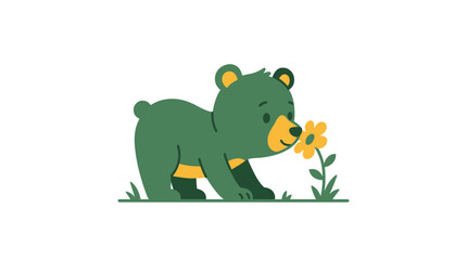 Cute green bear cub character smelling a yellow flower in grass simple © Alifia