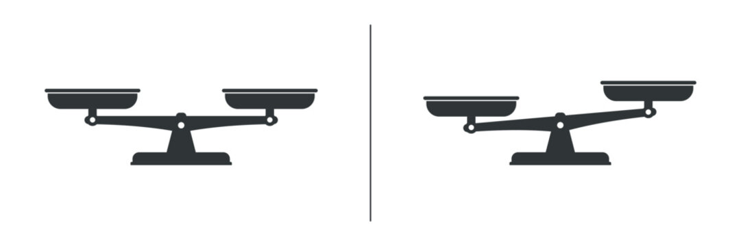 Minimal black balance scale icon set showing comparison and equality concept. Justice, measurement, and weighing symbol isolated on white background, perfect for law, business, and infographic design 