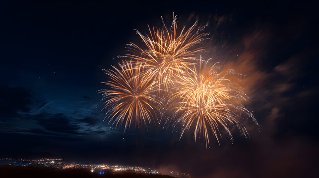 Fuochi d'artificio dorati nel cielo notturno, AI generativo